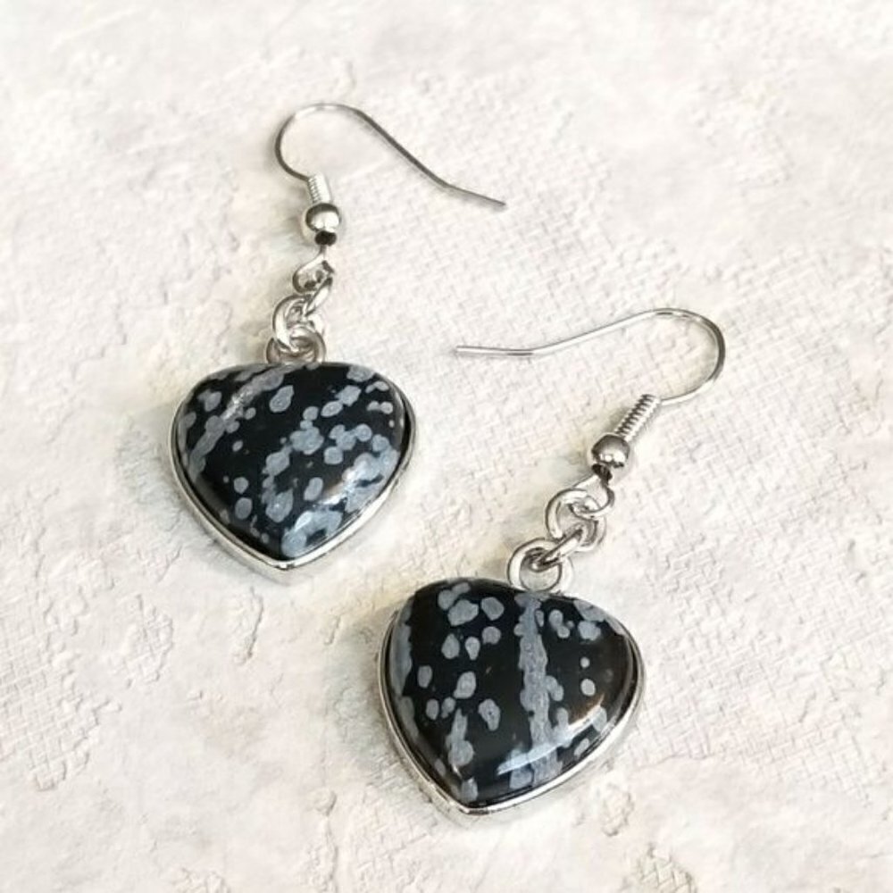 Snowflake Obsidian Heart Gemstone Pendant Earrings